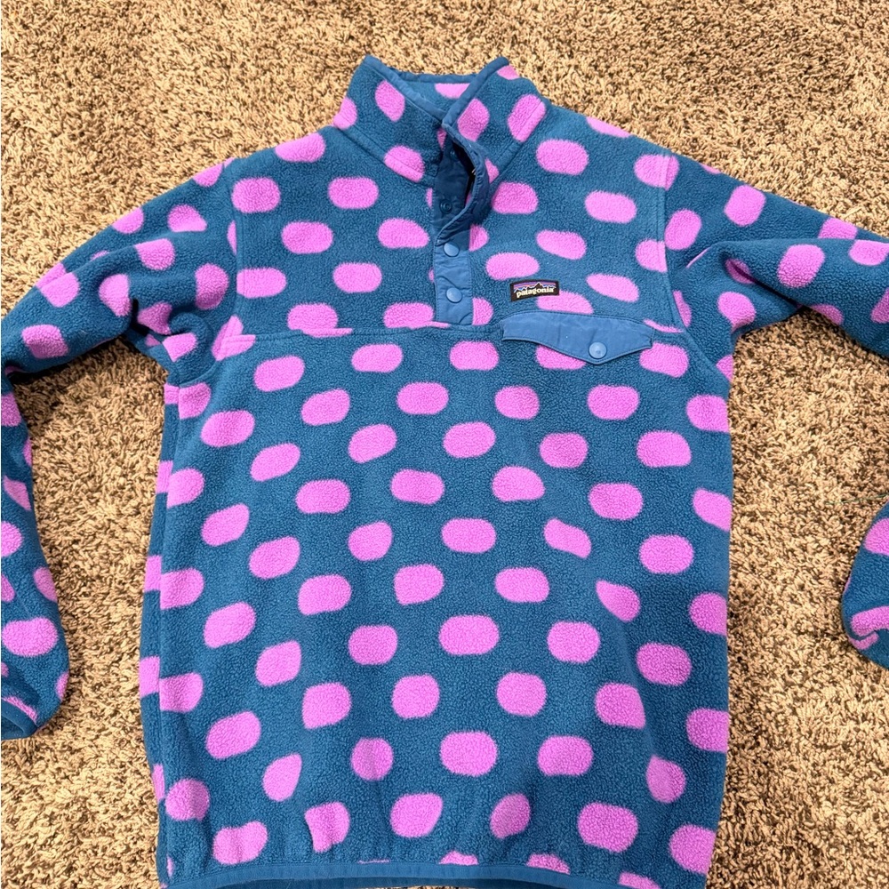 Girls Patagonia Snap-T Fleece Pullover - Blue with Polka Dots